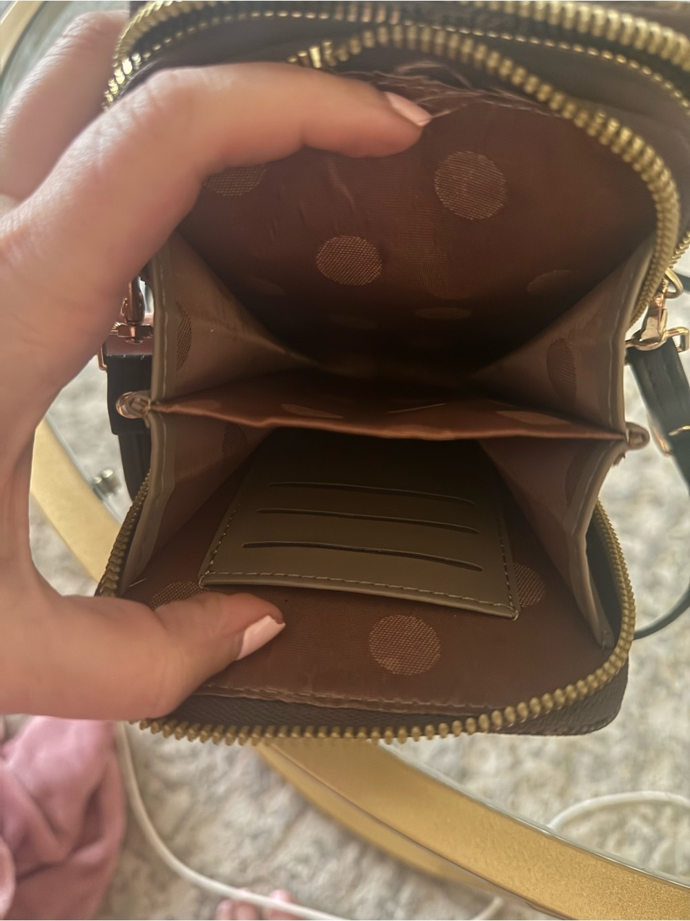 Designer Inspired Bee Crossbody Phone Bag Brown Monogram Triple Zip Wallet Purse - Picture 7 of 7
